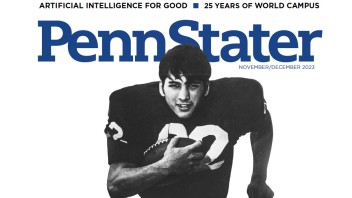 cover of November/December '23 issue of Penn Stater Magazine featuring black and white photo of John Cappelletti with head Cappy for Heisman, photo by Penn State Archives