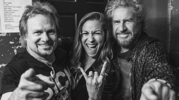 Black and white photo of Allison Hagendorf with Sammy Hagar and Michael Anthony of Van Halen, courtesy