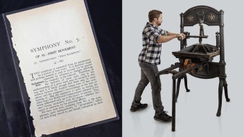two photos side by side one of a preserved sheet of paper and one of a man operating a welding machine that executes the paper preservation, photo by Nick Sloff '92 A&A