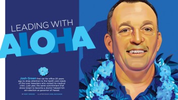 illustration of Governor Josh Green with blue Hawaiian lei around his neck by Nigel Buchanan