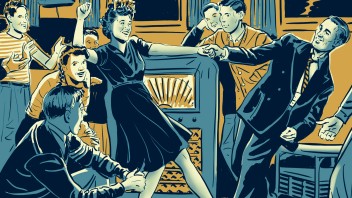 illustration of men and women dancing beside a jukebox by Jonathan Carlson