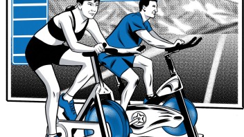 illustration of two people cycling in a gym by Joel Kimmel