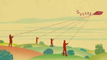 illustration of four people flying kites in rural setting by Richard Mia