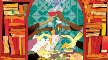 illustration of an arched window surrounded by bookshelves and displaying hands passing food around a table by Marcos Chin