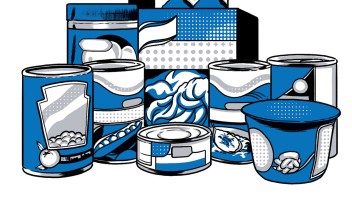illustration of blue and white canned food by Joel Kimmel