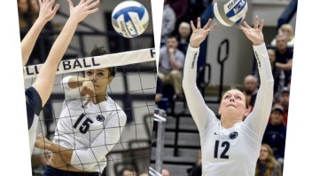 side by side photos of women's volleyball team players Haleigh Washington and Micha Hancock by Mark Selders/Penn State Athletics