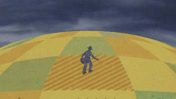 illustration of a person walking in a barren field with a checkerboard pattern under a stormy sky by Richard Mia 