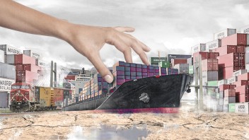 illustration of a cargo ship trapped in a canal with a hand coming in from the left side as if to pluck it free, by Nadia Radic