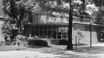 Black and white photo of exterior Borland Building by Penn State Archives