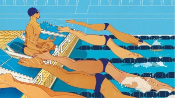 illustration of a swimmer meditating at the edge of a pool as other swimmers dive in by Marcos Chin