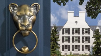 side by side of brass lion door knocker and exterior entrance of Nittany Lion Inn, photos by Nick Sloff '92 A&A