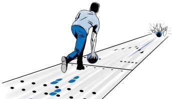 illustration of a man about to throw a bowling bowl down an alley with floor markers by Joel Kimmel