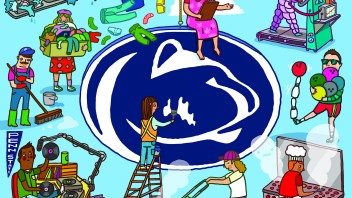 illustration of students performing a variety of different jobs with central image of a person on a ladder painting the Nittany Lion logo, by Aaron Meshon