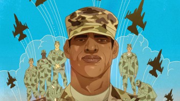 Illustration of a serviceman in uniform holding smaller serviceman figures as military aircraft fly behind and overhead, by Marcos Chin