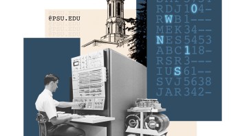 illustration of a person sitting at a super computer with drawing of Old Main and a list of initials with some letters lit up in the background, by Nick Sloff '92 A&A