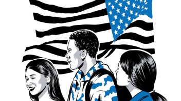 illustration of three students in front of American flag by Joel Kimmel