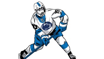 illustration of a hockey player setting up a shot by Joel Kimmel