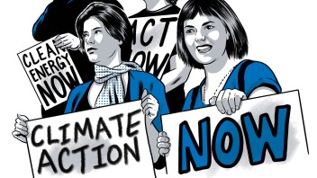 illustration of students holding signs demonstrating support for climate change initiatives by Joel Kimmel