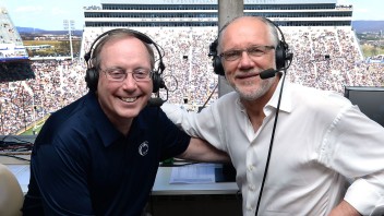 Steve Jones and Jack Ham in the Beaver Stadium broadcast booth by Steve Manuel '84 Lib, '92 MA Com