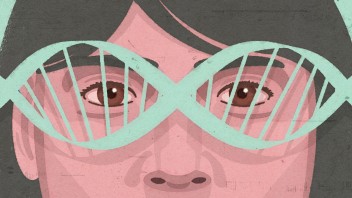 illustration of a closeup of a person peering at a horizonally oriented double helix positioned to look like glasses by Richard Mia