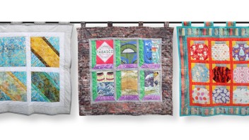 three quilts hanging side by side, courtesy