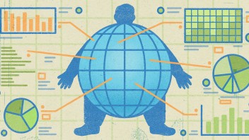 conceptual illustration of a person with middle enlarged to look like globe with various graphs pointing to it by Richard Mia