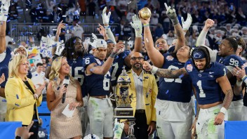 photo of Penn State football players celebrating playoff run by Mark Selders for Penn State Athletics