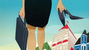 illustration of a woman wearing business attire wading in the ocean holding briefcase and high heels by Marcos Chin