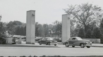 black and white photo of the original Lion gates, by Penn State Archives