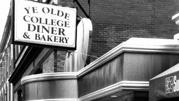 black and white photo of exterior of Ye Olde College Diner