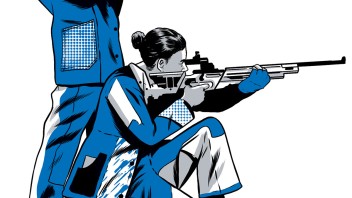 illustration of two students aiming rifles by Joel Kimmel