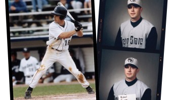 three photo collage of Michael Campo playing baseball by Penn State Archives