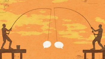 illustration of two people fishing from opposite piers and reeling in a quote bubble graphic by Richard Mia