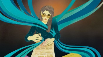 illustration of a woman writing at a desk covered with books with a swirl of teal coming from her pen and making a figure eight around her by Marcos Chin