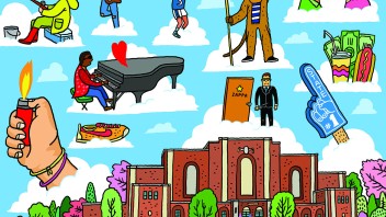 illustration of various activities and events at Rec Hall over the years, by Aaron Meshon