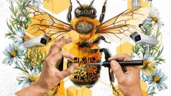 conceptual illustration of a honeybee with hands inking a QR code on its back and flowers and honeycomb shapes around it by Nadia Radic