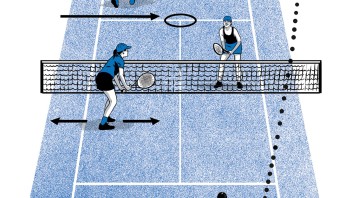 illustration of a doubles tennis match by Joel Kimmel