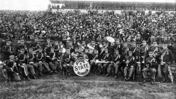 black and white photo of Blue Band at Beaver Field circa 1916, by Penn State Archives