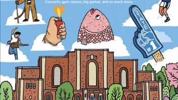 cover of May/June 2025 issue featuring illustrations of Rec Hall memories by Aaron Meshon