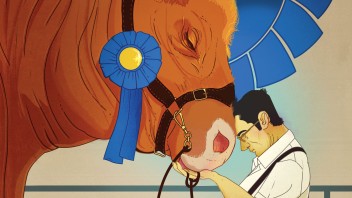 illustration of a man pressing his forehead against the muzzle of a large cow wearing a blue ribbon, by Marcos Chin