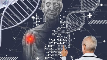 conceptual illustration of a doctor pointing at a graphic of a human form with DNA and technology symbols, by Nadia Radic