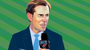illustration of Verducci holding a microphone against green background by Nigel Buchanan
