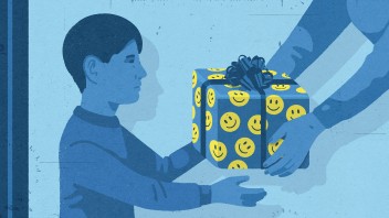 blue-washed illustration of a parent handing a child a gift wrapped in smiley face paper by Richard Mia