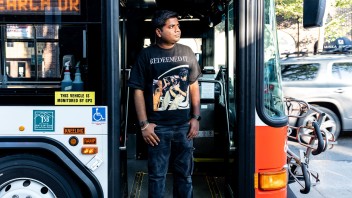photo of Shamak Agarwal standing on bus steps by Cardoni