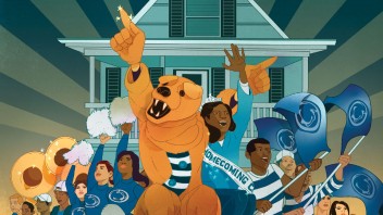 illustration of the Nittany Lion and a dozen Penn Staters parading in a blue car that says House Sweet Home before a house in the background, by Marcos Chin