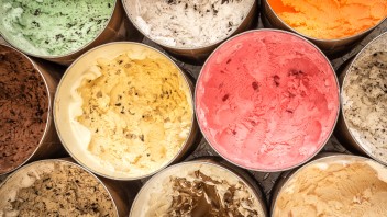 closeup of tubs of multicolored creamery ice cream by Nick Sloff '92 A&A
