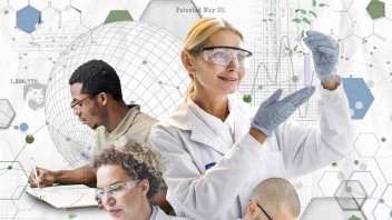 conceptual illustration of scientists with lab equipment analyzing data with scientific icons and graphics in the background, by Nadia Radic