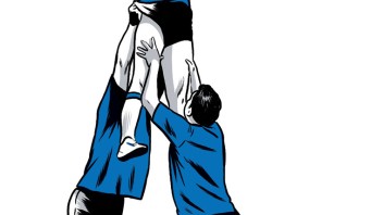 rugby receiver lifted by two other players, illustration by Joel Kimmel