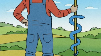 illustration of the back of a farmer in overalls and a straw hat holding a pitchfork with a snake entwined on it like the medical symbol, by Dan Page