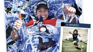 collage of a photo of Rodriguez with trophy and streamers by Penn State Athletics and the lead athlete story on Rodriguez from Penn Stater magazine's September/October 2013 issue